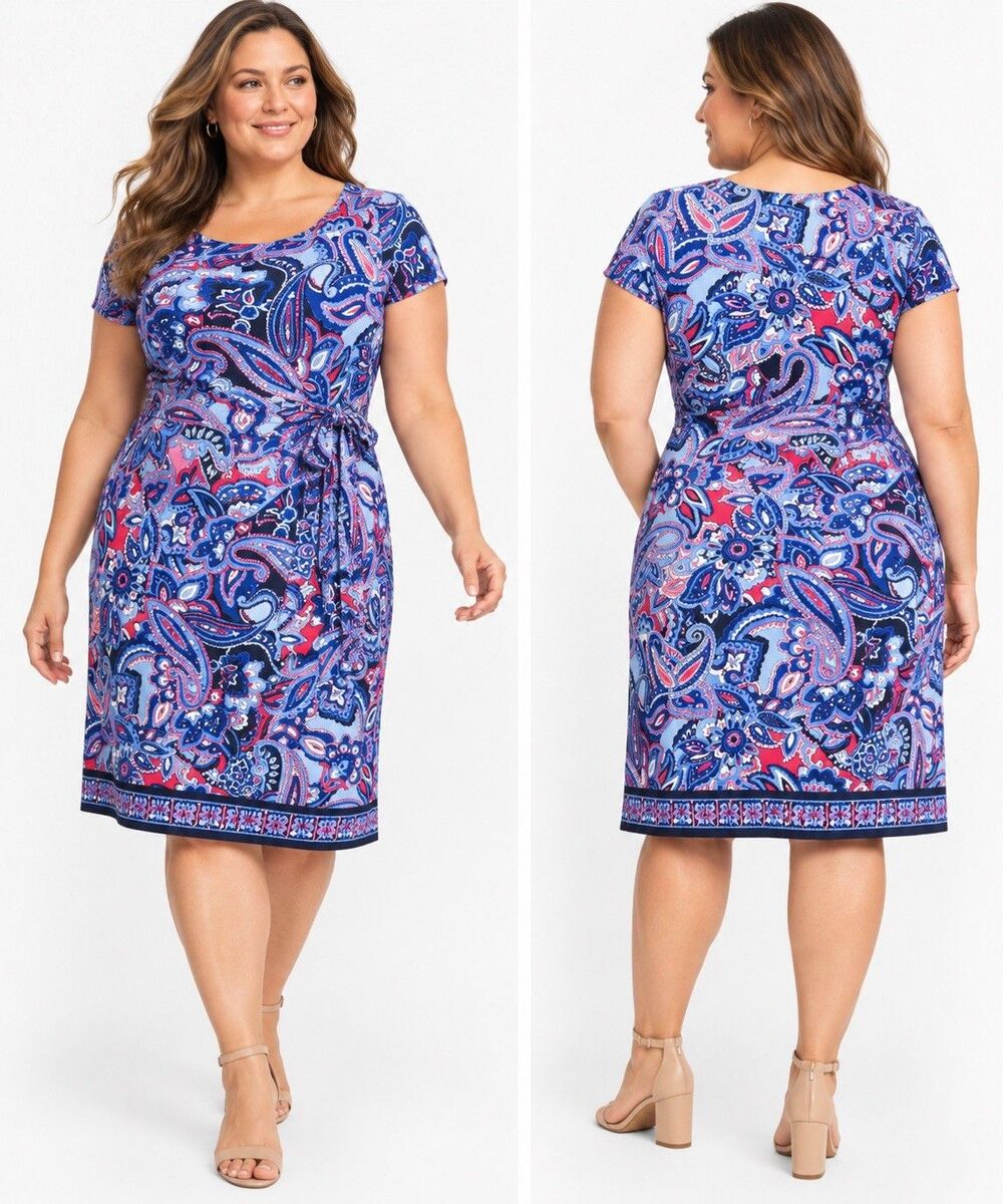 TALBOTS Plus 3X Faux Wrap Jersey Shift Dress Blue Paisley Tie Waist Stretch Knee